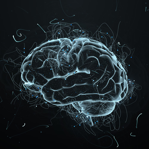 3d render abstract background with brain that surrounded with particles with twisted trails. Trails and particles are symoizing ideas.