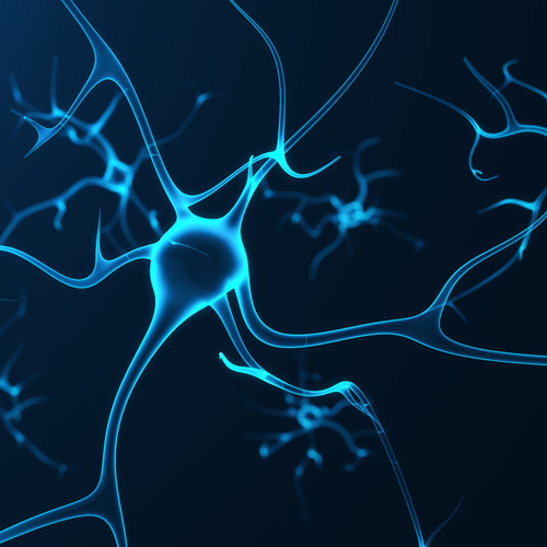 Conceptual illustration of neuron cells with glowing link knots. Synapse and Neuron cells sending electrical chemical signals. Neuron of Interconnected neurons with electrical pulses. 3D rendering